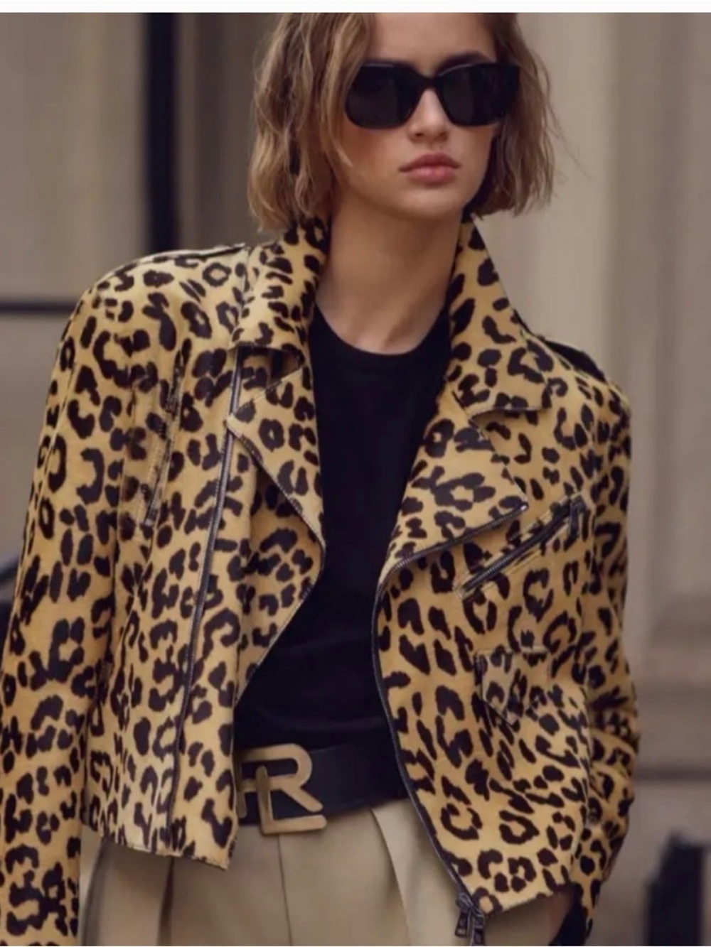 Leopard leather and Fur  Print Cropped Moto Jacket - Tan/Black